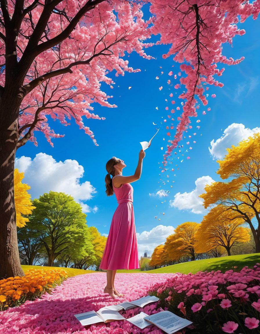 A vibrant, colorful scene depicting a person joyfully writing in a sunlit park, surrounded by floating words and phrases that represent creativity and emotion. The background features blooming flowers and a clear blue sky, symbolizing inspiration and positivity. The writer is portrayed with a joyful expression, showcasing the impact of expressing thoughts. surrealistic. vibrant colors. bright blue sky.