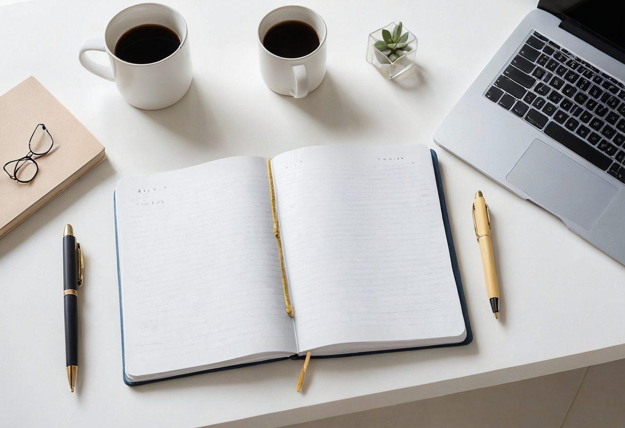 A minimalist workspace showcasing a sleek desk with an open notebook and a sophisticated pen, surrounded by floating simple yet impactful words and symbols representing clarity and creativity. Soft, warm lighting enhances the inviting atmosphere. A gentle color palette of whites, blues, and soft yellows to evoke a sense of simplicity and elegance. super-realistic. soft colors. white background.