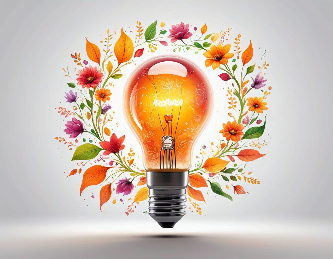 A radiant light bulb surrounded by floating concise quotes and keywords about succinctness, symbolizing the power of clear communication. Add vibrant colors that embody creativity and energy, with an abstract background representing the flow of engaging ideas. Include subtle elements of nature like leaves or flowers, symbolizing growth and positivity. style: super-realistic. vibrant colors. white background.